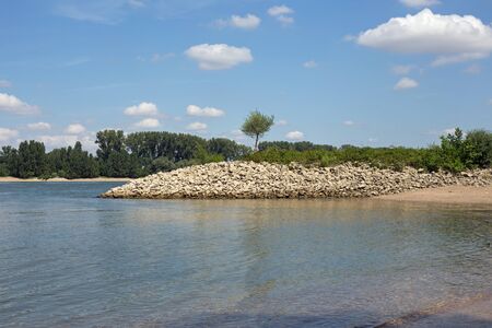 Shore of the Rhine Rhein at Gernsheim, Hessen, Germanyの写真素材