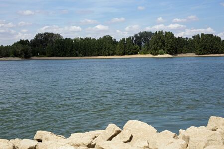 Shore of the Rhine Rhein at Gernsheim, Hessen, Germanyの写真素材