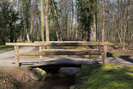 Small wooden bridge over a small brook in a forestの写真素材
