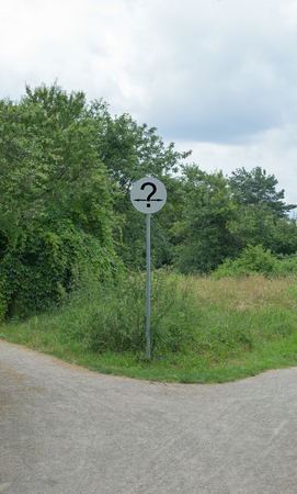 Right or left. A fork in the road in a forestの写真素材