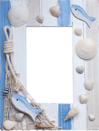 Maritime frame with shells and fish and copy space, isolatedの写真素材