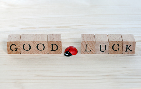 The words Good Luck and ladybugs on woodの写真素材
