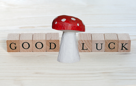 The words Good Luck and a lucky charm on woodの写真素材