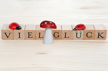 The german words for good luck (Viel GlÃ¼ck) and a lucky charm on woodの写真素材