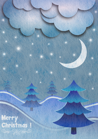 Grey fiber fabric and blue glitter film and winter scene and the words Merry Christmas, christmas cardの写真素材