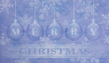 Grey fiber fabric and blue glitter film and christmas balls and the words Merry Christmas, christmas cardの写真素材