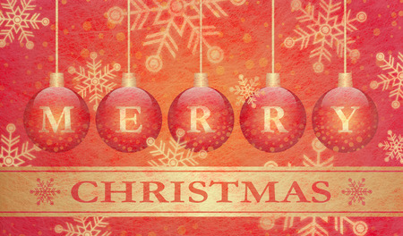 Grey fiber fabric and red glitter film and christmas balls and the words Merry Christmas, christmas cardの写真素材