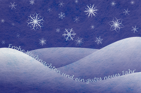 Winter scene with snowy mountains and snowflakes and the german words for Merry Christmas And A Happy New Year, christmas cardの写真素材