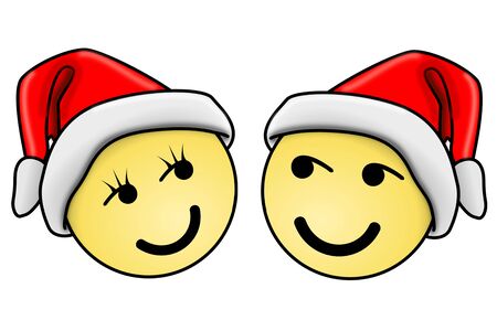 Two smileys with Christmas hat or santa hat, man and womanの写真素材