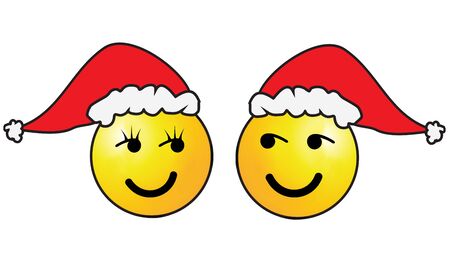 Two smileys with christmas hat or santa hat, man and womanの写真素材