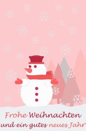 Snowman christmas tree snowflakes and the german words for Merry Christmas and a happy new year, christmas cardの写真素材