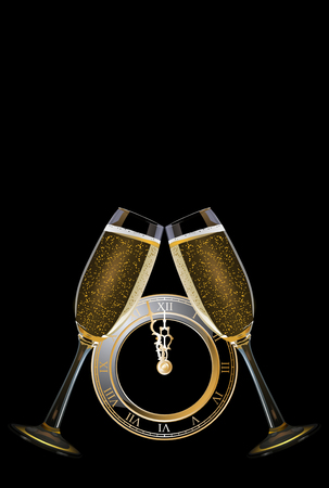 Clock and champagne glassesの写真素材