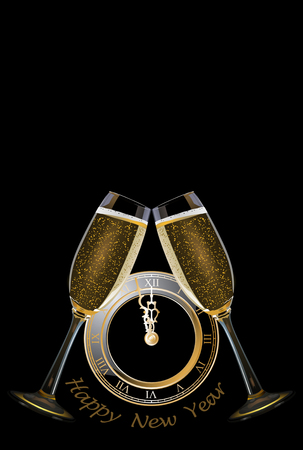 Clock and champagne glasses and text happy new yearの写真素材