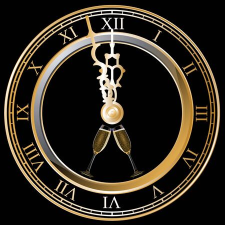 Clock and fireworks and champagne glasses, black backgroundの写真素材