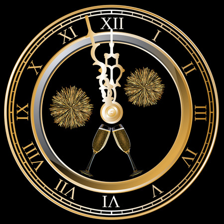 Clock and fireworks and champagne glasses, black backgroundの写真素材