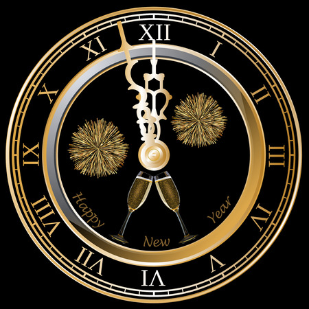 Clock and fireworks and champagne glasses and text Happy New Year, black backgroundの写真素材