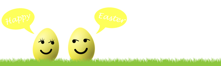 Grass and two easter eggs and speech bubble with the words happy easterの写真素材