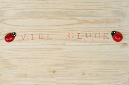 Stamped german text for Good luck on wood and ladybug, backgroundの写真素材