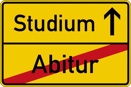 The German words for school leaving examination and studies (Abitur and Studium) on a road signの写真素材