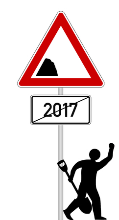 Figure holding shovel under a sign  of scratched 2017の写真素材