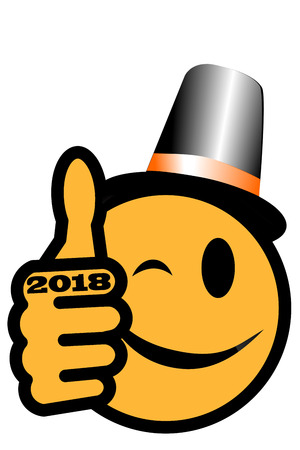 New YearÂ´s smiley with thumb and party hat up and year 2018の写真素材