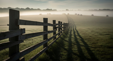 Wooden fence on a foggy meadow in the morning.の素材