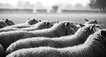 Flock of sheep on a farm. Black and white photo.の素材