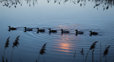 Ducks swimming in the lake at sunset. Shallow depth of field.の素材