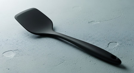 Black plastic kitchen spatula on grey background. 3d illustration.の素材