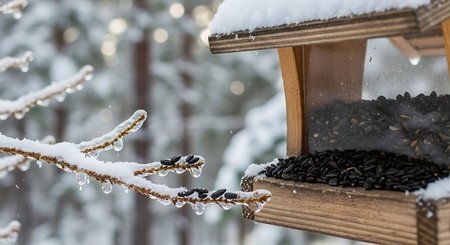 Bird feeder with sunflower seeds and pine branches covered with snowの素材