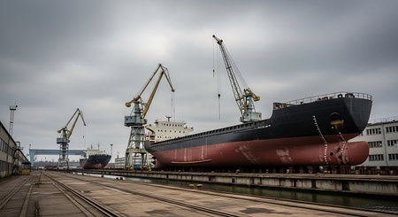 Cargo terminal for loading bulk cargo of iron ore by ship cranes and grabs.の素材