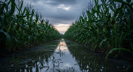 Corn field in the evening. Beautiful corn field in the evening.の素材