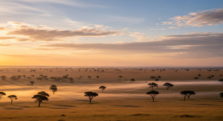 Sunrise over the savannah in Serengeti National Park, Tanzaniaの素材