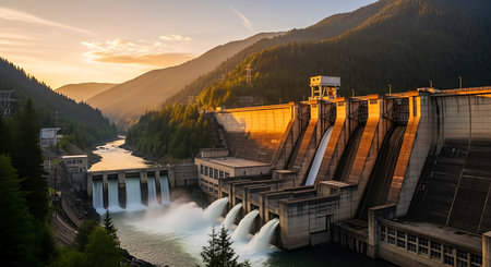 Panoramic view of hydroelectric power station in the mountains at sunsetの素材