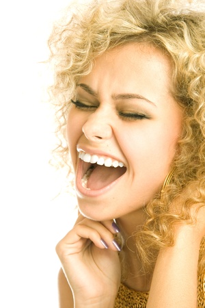 Blond woman singing, isolated on white backgroundの写真素材