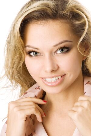 Beautiful blond girl isolated on white backgroundの写真素材