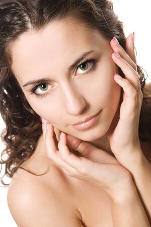 Close-up studio portrait of a beautiful young sexy woman, isolated on white backgroundの写真素材