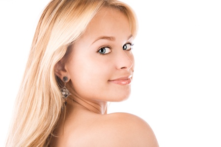 Closeup portrait of a beautiful young blond womanの写真素材