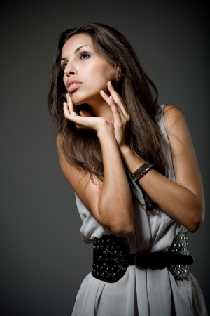 Closeup studio portrait of a beautiful young arabic womanの写真素材
