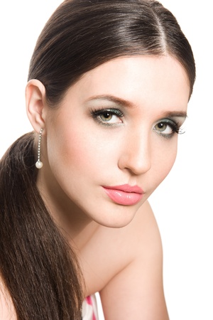 Studio portrait of beautiful sexy young, closeup fresh woman face. Isolated on white background.の写真素材