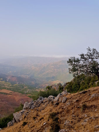 Summit View Over Sunlit Valleys and Rolling Hills Spread Toward Distant Lowlands, Their Warm Tones...