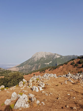 Stunning, tranquil mountain scenery unfolds, with a mountain peak towering in the distance on a...