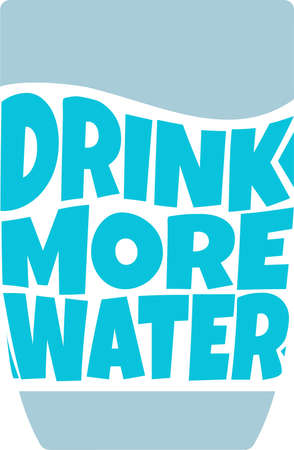 Glass of water with text drink more water. Healthy lifestyle, water day concept.  Banner, postcard, poster, and stickers. Vector illustration.のイラスト素材