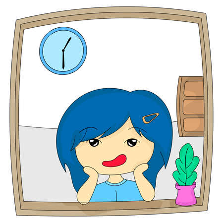 the young woman was daydreaming at the windowのイラスト素材