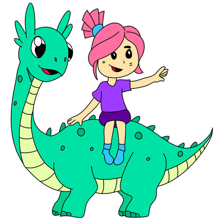 little girl is riding a dinosaur. vector illustration cartoon characterのイラスト素材