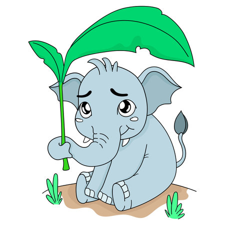 the elephant is using banana leaves as an umbrella. vector illustration cartoon characterのイラスト素材