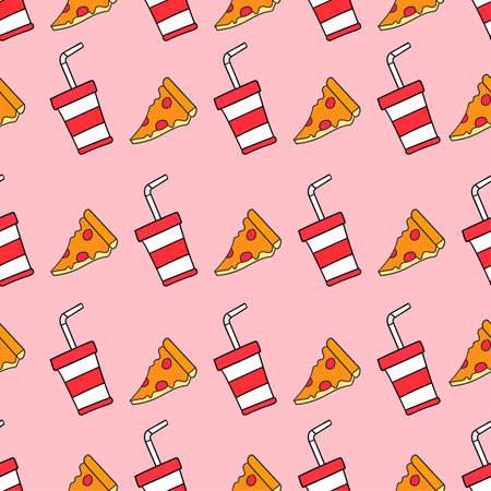 pizza and drink seamless pattern foodsのイラスト素材