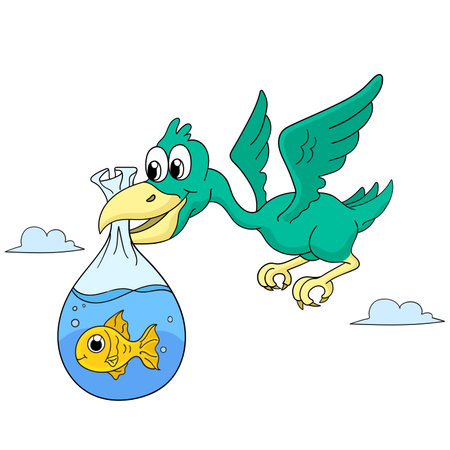 Pelicans are flying and carrying goldfish. cartoon illustration cute animal stickerのイラスト素材