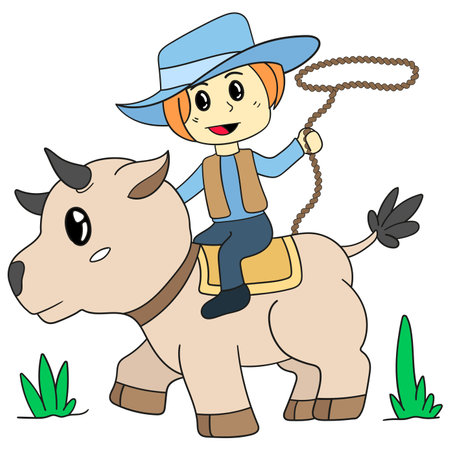 cowboy riding cow. cartoon illustration cute stickerのイラスト素材