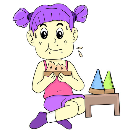 the girls are eating cakes. cartoon illustration cute stickerのイラスト素材